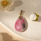 Natural Pink‑Grey Multicolor Jade Teardrop Pendant, Gold‑Plated Leaf Connector, Elegant Natural Gemstone Necklace Charm for Women Daily Wear & Gift