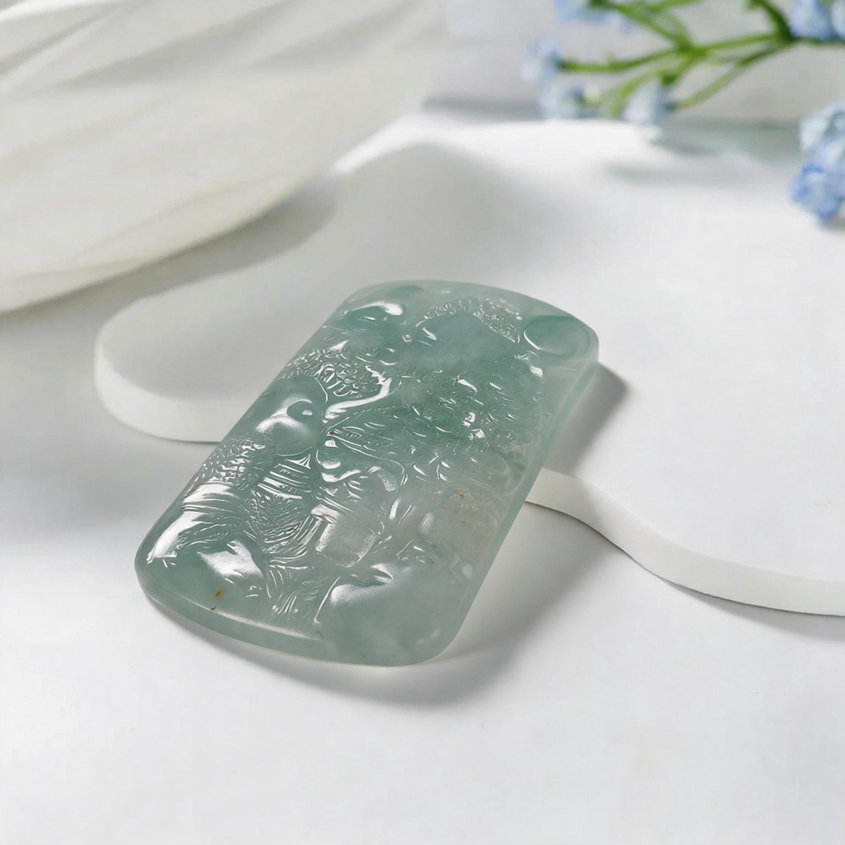Natural Burmese Light Blue‑Green Grade‑A Jadeite Hand‑Carved Landscape Plaque Pendant, Traditional Chinese Mountain‑River Scenery Jade Necklace Charm for Men Women