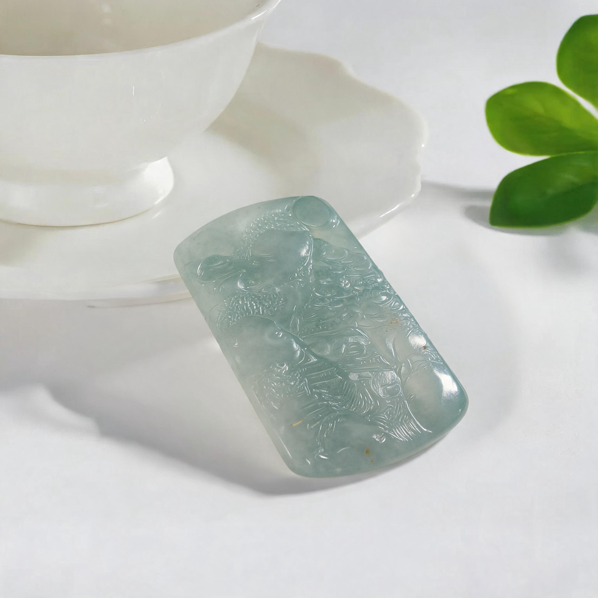 Natural Burmese Light Blue‑Green Grade‑A Jadeite Hand‑Carved Landscape Plaque Pendant, Traditional Chinese Mountain‑River Scenery Jade Necklace Charm for Men Women