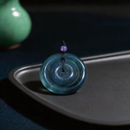 Natural Burmese Blue‑Green Grade‑A Jadeite Nested Double‑Ring Safety Buckle Pendant, Ping An Kou Protection Talisman Necklace with Cord for Men Women