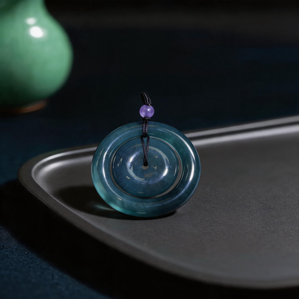 Natural Burmese Blue‑Green Grade‑A Jadeite Nested Double‑Ring Safety Buckle Pendant, Ping An Kou Protection Talisman Necklace with Cord for Men Women