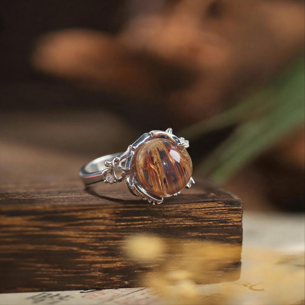 Natural Golden‑Brown Rutilated Quartz Round Ring, Vintage Ornate Silver‑Plated Setting, Handcrafted Hair Crystal Statement Ring for Women
