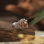 Natural Golden‑Brown Rutilated Quartz Round Ring, Vintage Ornate Silver‑Plated Setting, Handcrafted Hair Crystal Statement Ring for Women