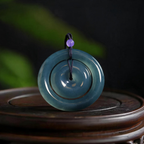 Natural Burmese Blue‑Green Grade‑A Jadeite Nested Double‑Ring Safety Buckle Pendant, Ping An Kou Protection Talisman Necklace with Cord for Men Women