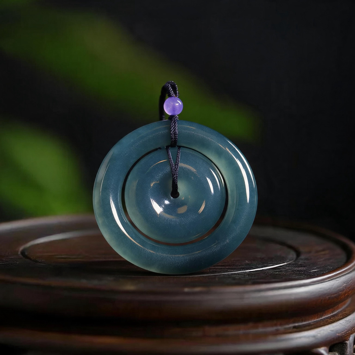 Natural Burmese Blue‑Green Grade‑A Jadeite Nested Double‑Ring Safety Buckle Pendant, Ping An Kou Protection Talisman Necklace with Cord for Men Women